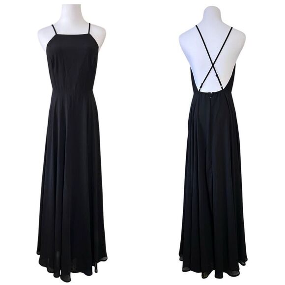 Lulu's Black Criss Cross Back Chiffon A-line Long Maxi Dress SMALL Pageant Prom - Picture 1 of 12